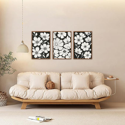 HLNIUC Abstract Black and White Framed Canvas Wall Art,White Daisy Flower Plant Poster,Modern Minimalist Floral Painting,Botanical Floral Canvas Art Print for Living Room Bedroom-16 x24 x3