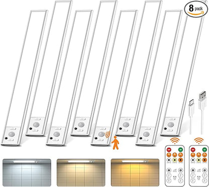 Under Cabinet Lighting with Remote Control,2500mAh USB Rechargeable Motion Sensor Light Indoor,350 Lumen LED Closet Light,3 Color Temps Wireless Under Counter Lights for Kitchen,Cabinet,Bedroom,8 Pack