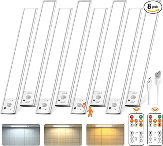 Under Cabinet Lighting with Remote Control,2500mAh USB Rechargeable Motion Sensor Light Indoor,350 Lumen LED Closet Light,3 Color Temps Wireless Under Counter Lights for Kitchen,Cabinet,Bedroom,8 Pack