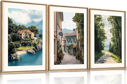 Large Vintage Italy City Coast Framed Canvas Wall Art,Modern French Country Street Wall Decor,Natural Town Tree Landscape Artwork for Living Room,Dining Room,Office -24"x36"x3