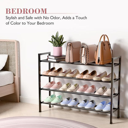 Bumusty 4-Tier Expandable Shoe Rack for Closet, 18“-33” Adjustable Shoe Rack for Small Space, Small Shoe Organizer for Front Door, Sturdy Metal, Dark Black