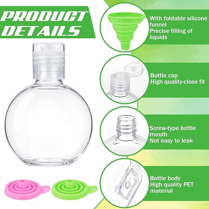 30 Pcs 1 oz Round Sanitizer Bottle Circle Plastic Mini Clear Empty Hand Sanitizer Bottles with Foldable Funnels Portable Reusable Containers for Business Trip Outdoor Camping Shampoo Liquid