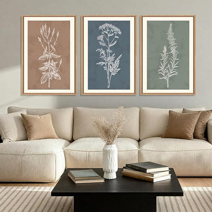 HLNIUC Neutral Botanical Framed Wall Art Set, Boho Minimalist Plant Canvas Wall Decor, Vintage Leaf Wall Painting, Nature Floral Silhouette Art Print for Bedroom, Living Room, Study - 16”x24”x3