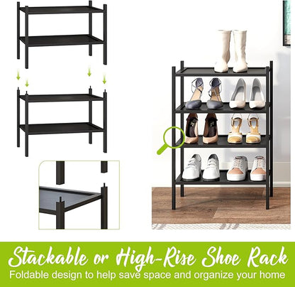 BMOSU 2-Tier Bamboo Small Shoe Rack Premium Stackable Shoe Shelf Storage Organizer for Hallway Closet Living Room Entryway Organizer(Black)