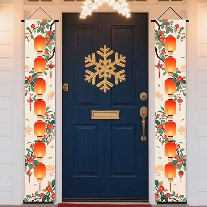 Nuxovilar Happy New Year Banner, 70.86" x 11.81" Orange Citrus Pattern Hanging Decorations for Outdoor Indoor Home Wall