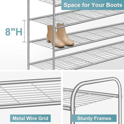 AOODA Long 4 Tier Shoe Rack for Closet Metal Wide Shoe Storage Organizer for Entryway, Bedroom, Floor, Holds 30 Pairs Men Sneakers Stackable Boot Shelf with Wire Grid, Grey