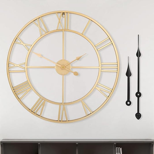 LEIKE Large Modern Wall Clocks,24" Gold Metal,Rustic,Round,Silent Non Ticking,Battery Operated Roman Numerals Clock for Living Room/Bedroom/Kitchen Wall Decor-(Gold, 60cm)