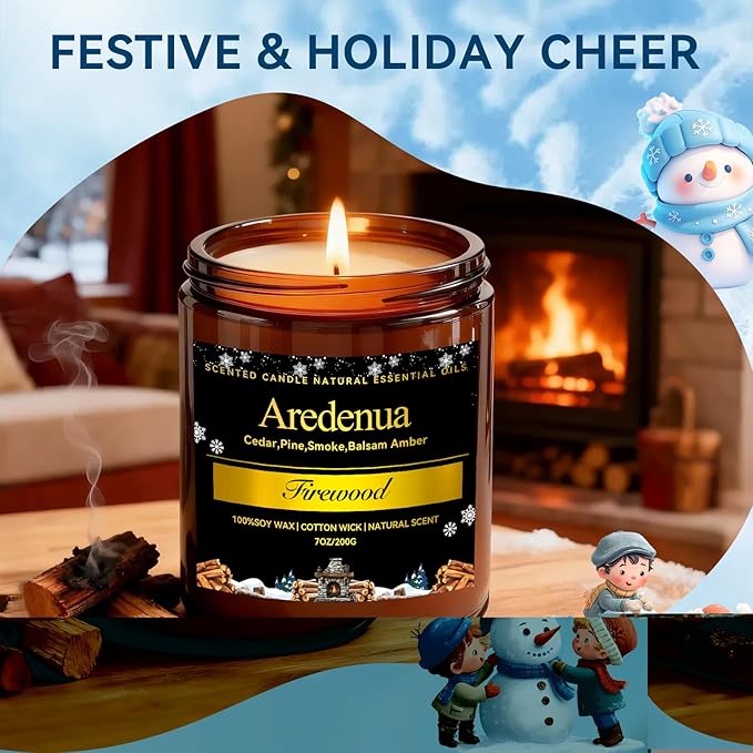 Winter Candles – Firewood Scented Candle | 7oz Soy Candles for Home Cozy Scented, Holiday Aromatherapy Candle | Winter Gifts for Women Men - 50H Clean & Long Lasting Burn