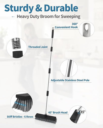 LandHope Hard Bristle Deck Broom Adjustable Long Handle Scrub Brush Heavy Duty Concrete Push Broom Outdoor Brush Garage Broom Wood Large Floor Scrubber 28-52 inch Balcony -Multi Segment Handle