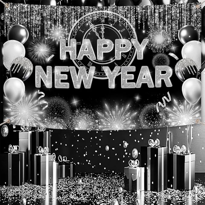 Black Silver Happy New Year Backdrop 2026 Kiss Me at Midnight Photography Background Cheers to The New Year Eve Hello 2026 Party Decorations Firework Banner Photo Props 7X5ft