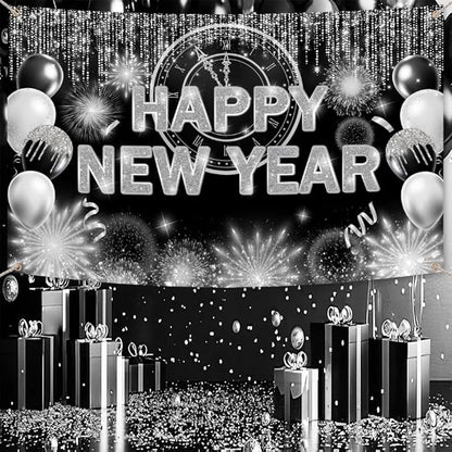 Black Silver Happy New Year Backdrop 2026 Kiss Me at Midnight Photography Background Cheers to The New Year Eve Hello 2026 Party Decorations Firework Banner Photo Props 7X5ft
