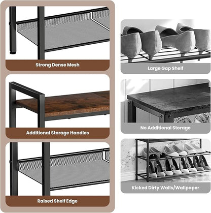 4 Tier Shoe Rack for Front Door Entrance, Shoe Rack for Entryway, Metal Shoe Organizer Heavy Duty with Wooden Top & Adjustable Mesh Shelves, Shoe Storage for Closet Bedroom Bathroom Dorm Garage