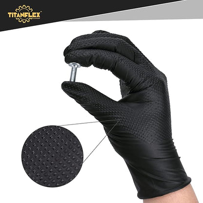 TitanFlex Heavy Duty Black Nitrile Gloves, Raised Diamond Texture, Latex Free, Powder Free Disposable Gloves (8Mil/6Mil)