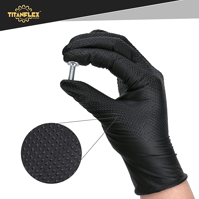 TitanFlex Heavy Duty Black Nitrile Gloves, Raised Diamond Texture, Latex Free, Powder Free Disposable Gloves (8Mil/6Mil)