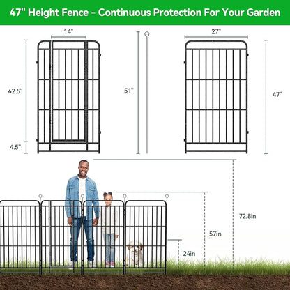 8 Panels No Dig Garden Fence 18 ft(L) X 47 in(H) Animal Barrier for Yard, Patio, Garden Borders, Outdoor Decorative Fencing with Thick Pipe Metal Panels