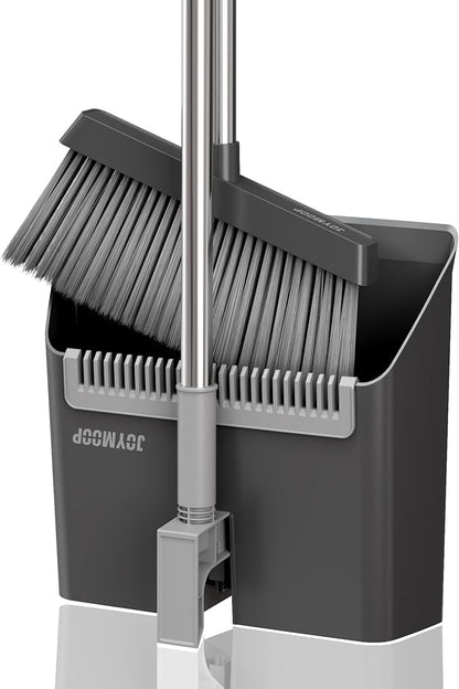 JOYMOOP Black Broom and Dustpan Set, Upright Angle Design with Built-in Comb Teeth for Home, Office, Hardwood Floors, Pet Hair