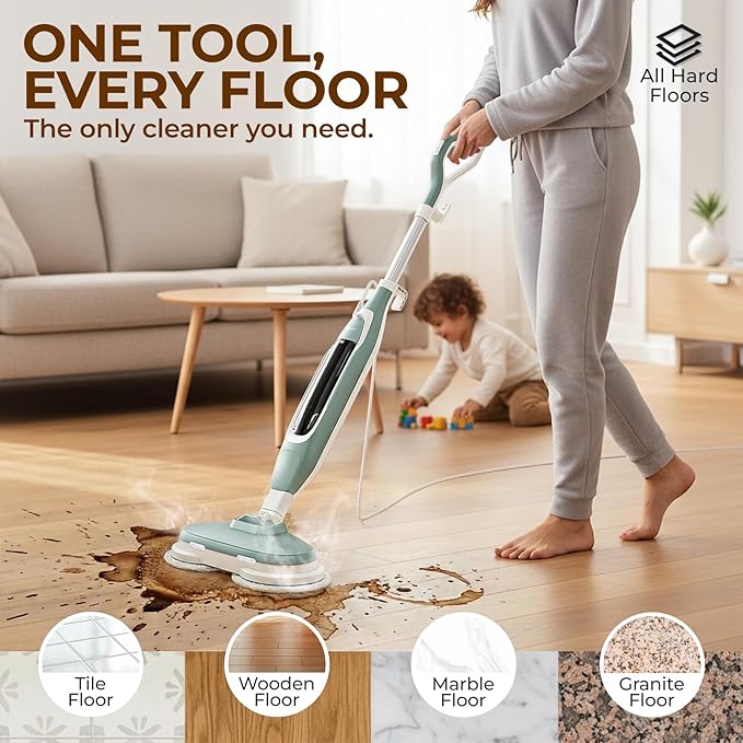 Apical Life Steam & Scrub Steam Mop, All-in-One Scrubbing and Sanitizing Hard Floor Cleaner, LED Headlights, 4 Dirt Grip Soft Scrub Pads Included, L Water Tank, Swivel Steering, Light green