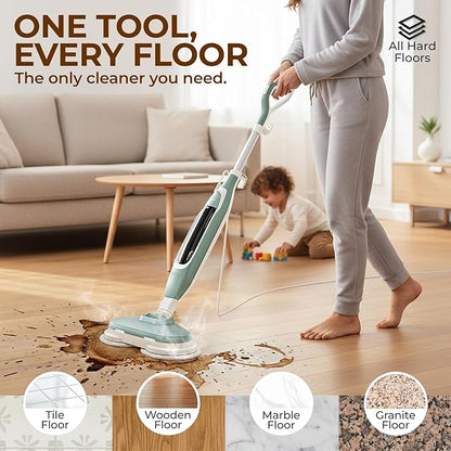 Apical Life Steam & Scrub Steam Mop, All-in-One Scrubbing and Sanitizing Hard Floor Cleaner, LED Headlights, 4 Dirt Grip Soft Scrub Pads Included, L Water Tank, Swivel Steering, Light green