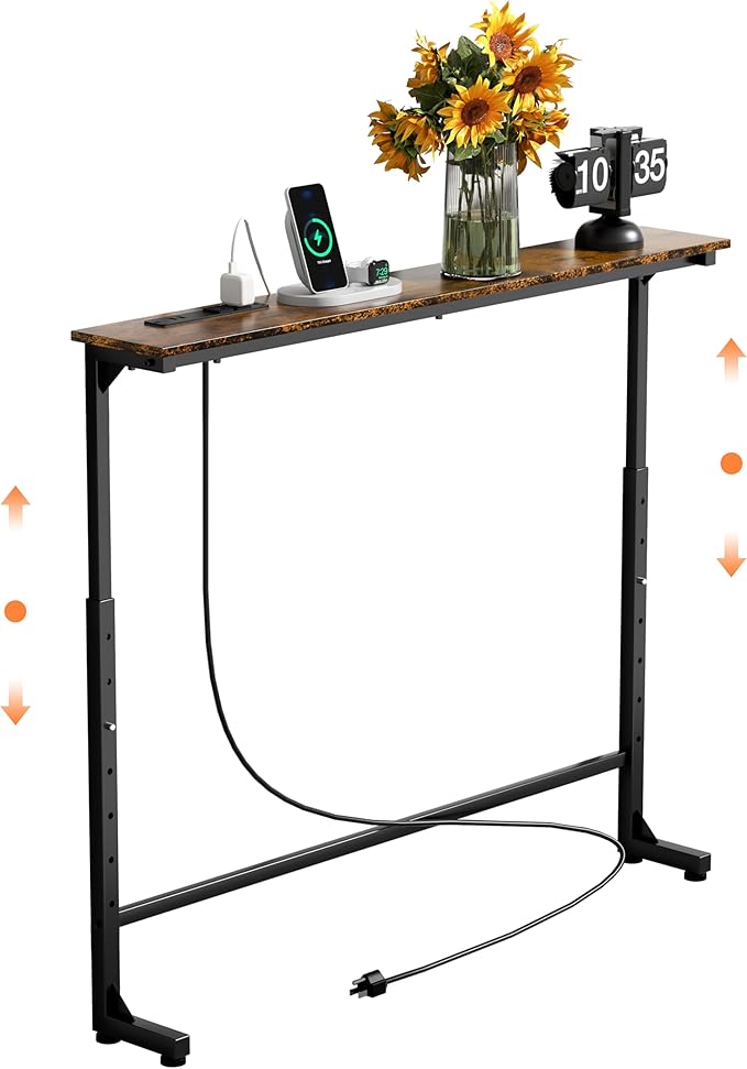 GRLEAF 45" Adjustable Height Narrow Console Table with Power Outlets, Long Sofa Table with Charging Station Behind Couch Table Skinny Entryway Table for Living Room, Hallway and Office – Rustic Brown