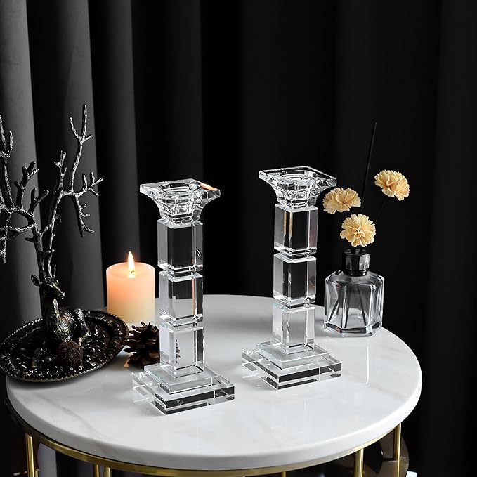 Kitcom Crystal Candle Stick Holders for Home Decor Pack of 2, Clear Crystal Taper/Tealight Candle Holder Table Centerpieces for Party and Wedding Decoration(8.6inch Tall)