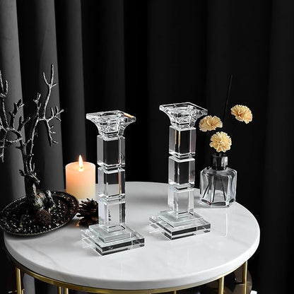 Kitcom Crystal Candle Stick Holders for Home Decor Pack of 2, Clear Crystal Taper/Tealight Candle Holder Table Centerpieces for Party and Wedding Decoration(8.6inch Tall)