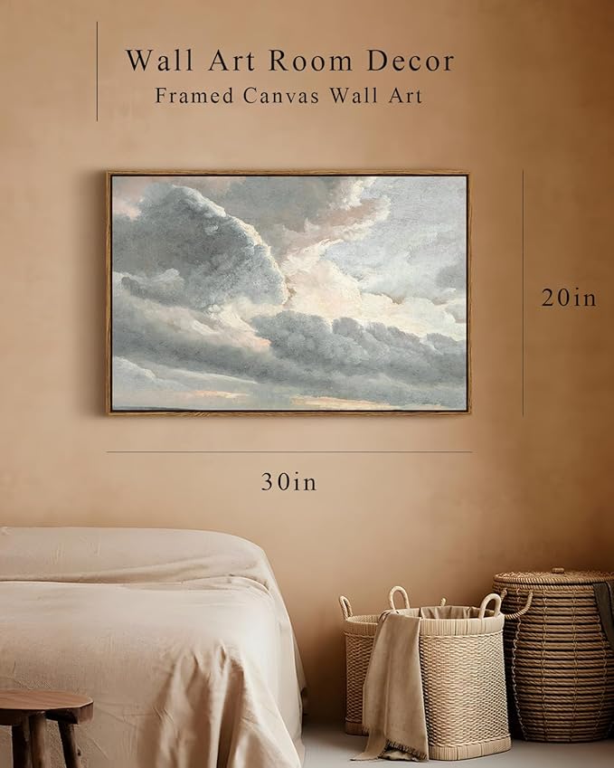 InSimSea Framed Canvas Wall Art Vintage Decor, Large Landscape Wall Art, Study of Clouds Painting, French Country Modern Farmhouse Decorations, Rustic Wall Decor for Living Room Bedroom, 20"x30"