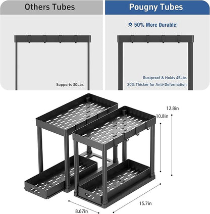2PC Under Sink Organizer Rack 2 Tier Under Sliding Cabinet Basket Organizer Drawer with 4 Hooks, Multi-purpose Under Sink Storage for Bathroom Kitchen Desktop（Black）