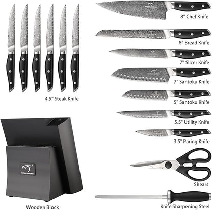 Damascus Knife Set with Block for Kitchen, VG10 Core Damascus Steel Chef Knife Set with Triple-Rivet Handle, Knife Sharpener, 16PCS with Ash Wood Knife Block