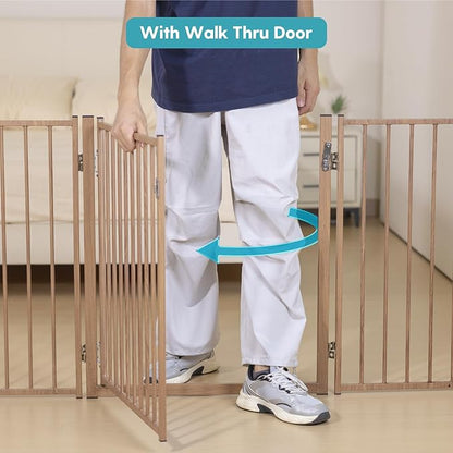 No Pawblems Free Standing Dog Gate with Door, 30'' Tall Foldable Dog Fence for Indoor & Outdoor, Up to 104" Extra Wide Puppy Gate for Stairs, Hallways, Doorways, Deck, Yard (Wood Pattern, 4 Panels)