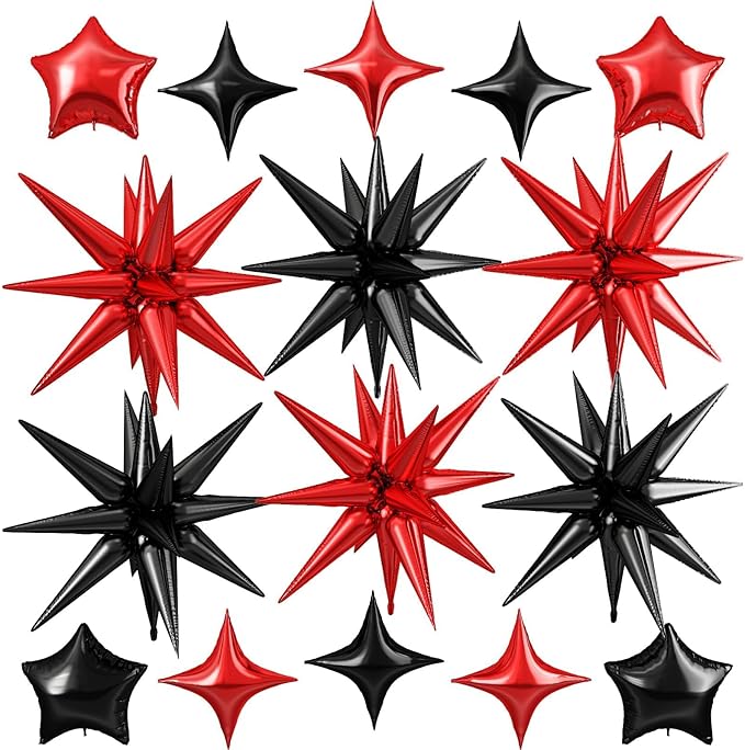 Red Black Star Balloon,16Pcs Star Foil Balloons Set with 22Inch Explosion Spike Cone Balloons and 10Inch Quadrangle Helium Balloon for Birthday Wedding Baby Shower and Halloween Party Decorations