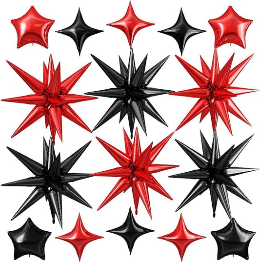 Red Black Star Balloon,16Pcs Star Foil Balloons Set with 22Inch Explosion Spike Cone Balloons and 10Inch Quadrangle Helium Balloon for Birthday Wedding Baby Shower and Halloween Party Decorations