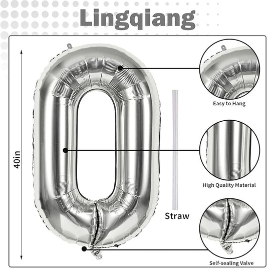 40 Inch Silver Foil Balloon Number 0, Giant Self Inflating Number Balloons 0-9 for Men Women, Digital 0 Helium Balloons Set for Girls Boys 4th Birthday Anniversary New Year Party Decorations Supplies