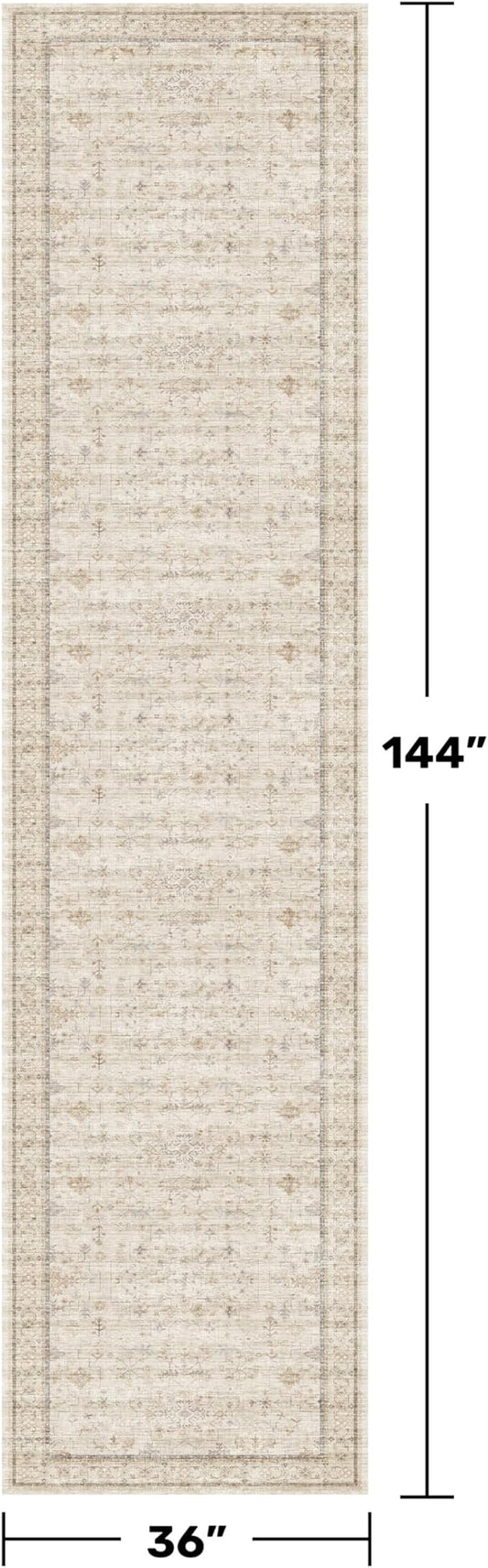 Beige Floral 3X12 Washable Long Hallway Runner Rug, Non-Slip Low-Pile Farmhouse Kitchen Rug, Neutral Vintage Distressed Oriental Carpet, Non-Shedding, Stain & Fade Resistant Home Décor