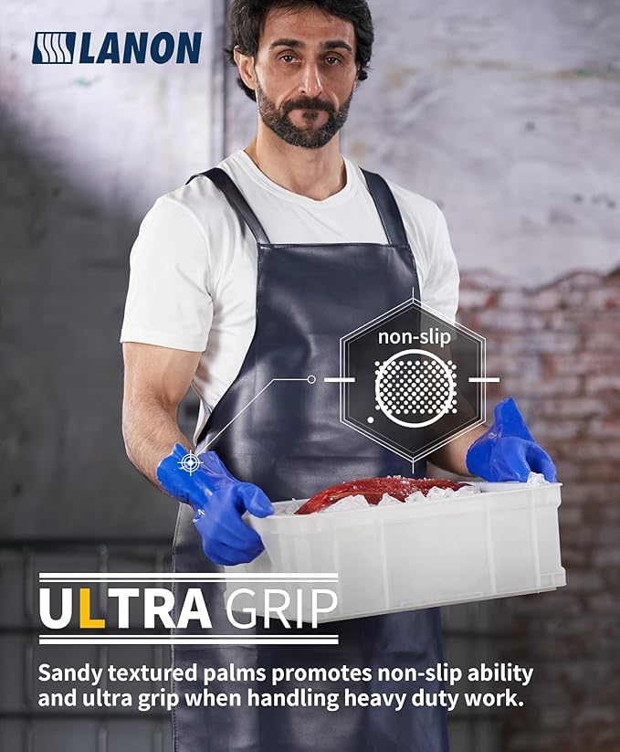 LANON PVC Chemical Resistant Gloves, Heavy-Duty Rubber Gloves, Acid, Alkali and Oil Protection, Non-Slip, Blue, XXL