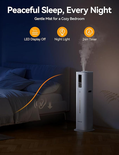VAGKRI 12L Large Room Humidifier, 120H Long Lasting Cool Mist, 3 Mist Levels, Auto Humidity Adjustment, Top Fill Design with Essential Oil Tray for Bedroom, Home, Plants, Baby