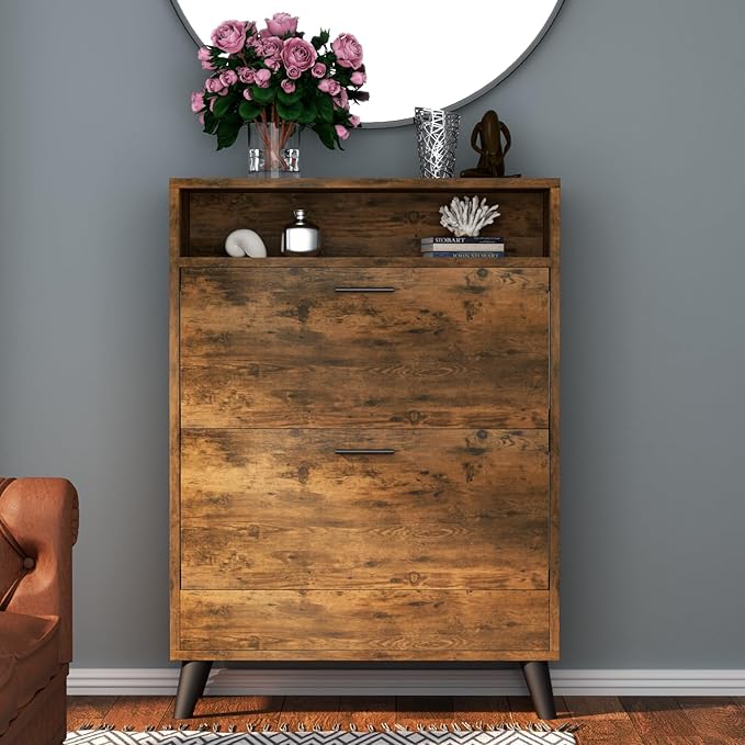 Shoe Storage Cabinets, 16 Pairs Free Standing Shoe Organizer with 2 Flip Drawers for Entryway, Narrow 3 Tier Entryway Hidden Shoe Rack with Doors (Rustic)