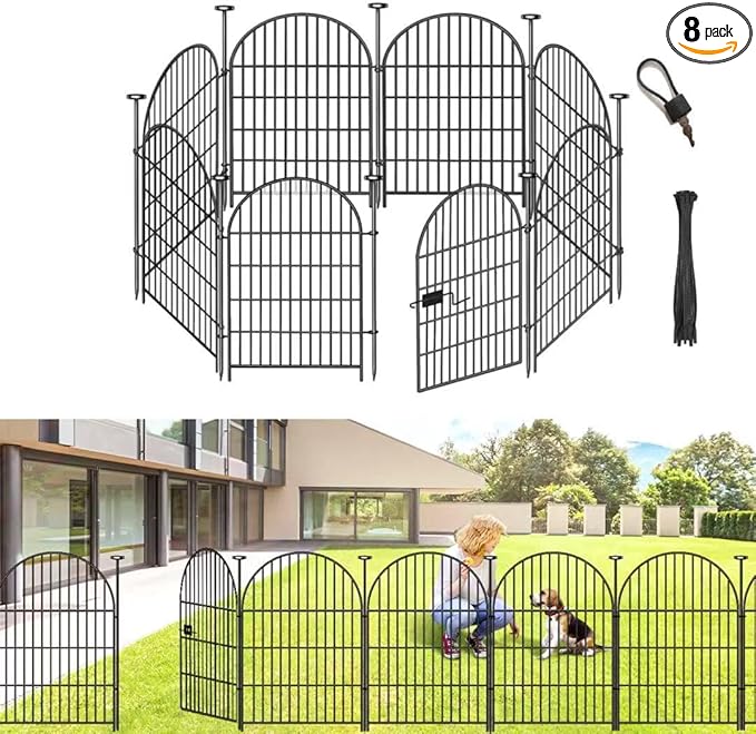 ADAVIN Garden Fence Animal Barrier with Gate 32 in(H)×17.5 Ft(L) 8 Panels,Rustproof Metal Wire Tall Fencing Border for Dogs Rabbits,Outdoor no dig pet Fences,Black Flower Edging for Yard,Arched