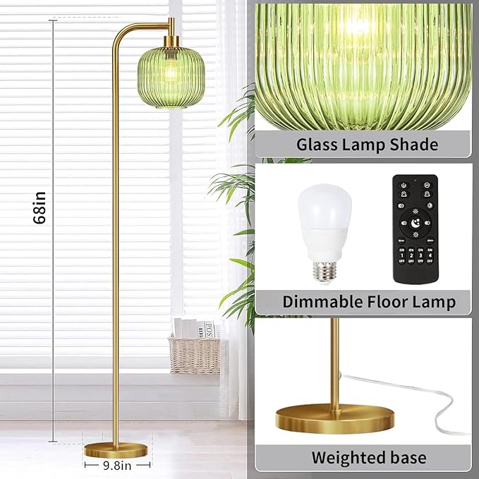 Glass Floor Lamp for Living Room,Bedroom,Dimmable Standing Lamp with Remote,Gold Brass Tall Lamp Mid Century Modern Floor Lamps Green LampShade Boho Vintage Retro Farmhouse Floor Light Bohemian