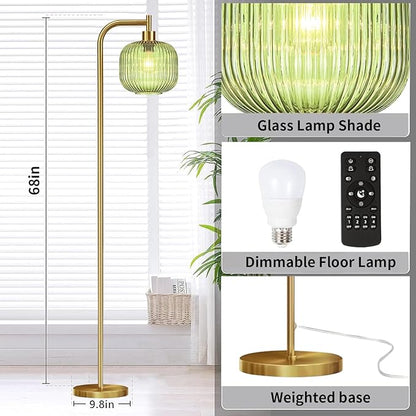 Glass Floor Lamp for Living Room,Bedroom,Dimmable Standing Lamp with Remote,Gold Brass Tall Lamp Mid Century Modern Floor Lamps Green LampShade Boho Vintage Retro Farmhouse Floor Light Bohemian