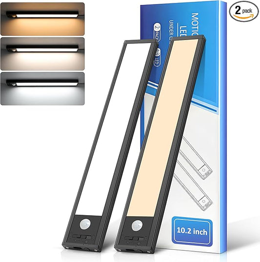 Ascher 10.2inch Under Cabinet Lights, 2000mAh Rechargeable Motion Sensor Light Indoor, 3 Color Temperatures & Stepless Dimmable Closet Lights, Magnetic Under Counter Light for Kitchen, Black - 2 Pack