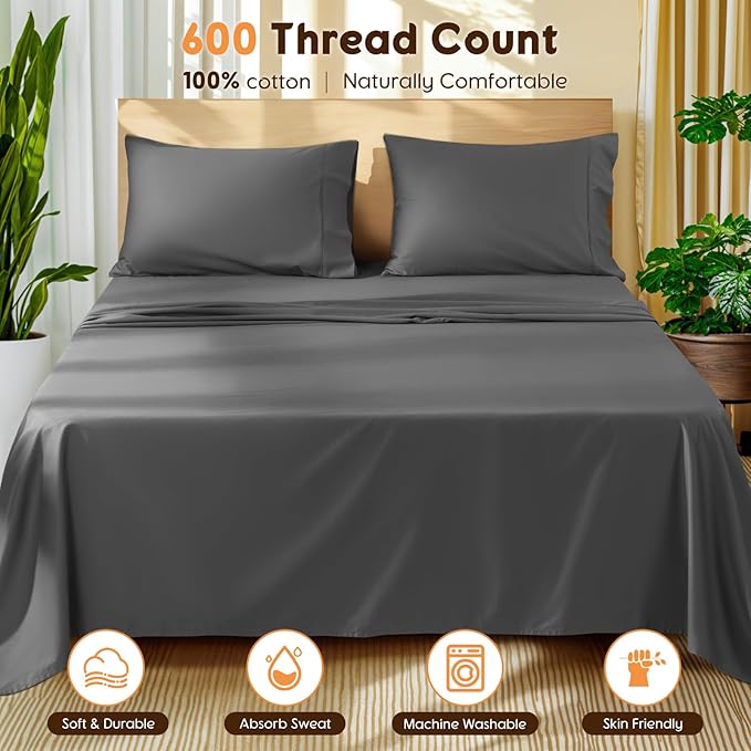LBRO2M 100% Cotton Sheets Set King Size 600 Thread Count Sheet 4 Piece Sets Bed Sheet Deep Pocket Up to 16" Soft Comfortable All Season (King, Dark Gray)