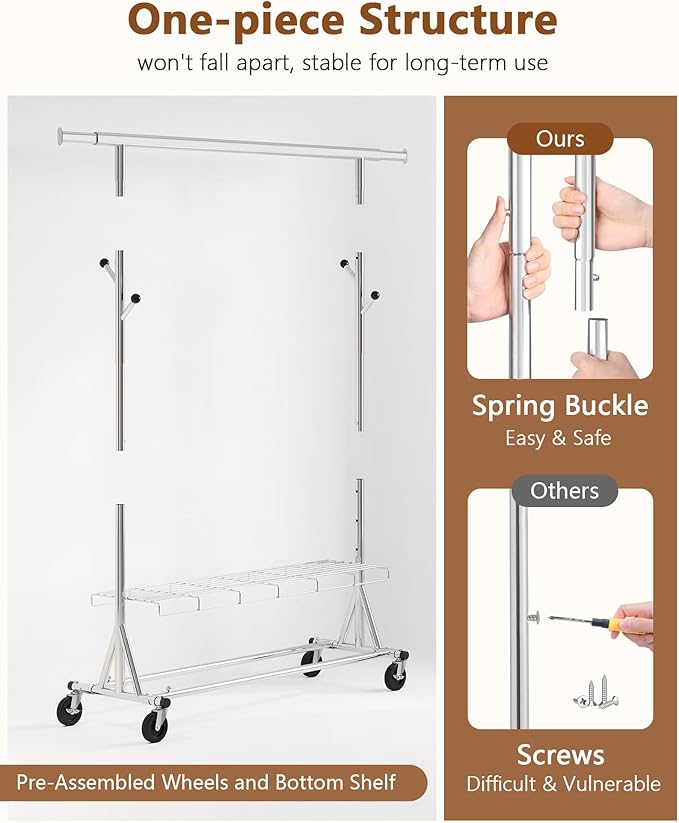 Hoctieon 1-Minute Assembly Clothes Rack, 480 lbs Heavy Duty Rolling Clothing Racks with Wheels, Foldable Garment Rack, Extendable Hanging Bar, Adjustable Metal Pole with Hooks, Chrome
