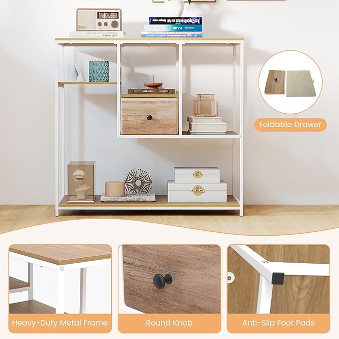 Giantex 40” Narrow Console Table, Modern Sofa Table with Open Storage Shelves and Removable Drawer, Skinny Behind Couch Tables, Long Entrway Tables for Living Room, Foyer, Hallway (Natural + White)