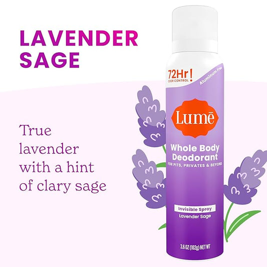 Lume Invisible Spray Deodorant For Women - Whole Body Deodorant Spray - 72 Hr Odor Control - Ozone Friendly, Natural Propellant - Aluminum & Baking Soda Free, Skin Loving - 3.6 ounce (Lavender Sage)