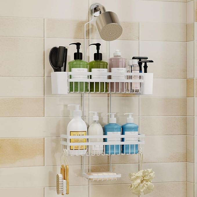 Shower Caddy Hanging for Bathroom Organizers and Storage, Adjustable Anti-Swing Shower Organizer for Wall-Mounted Showerhead with Heavy-Duty Suction Cups, Damage-Free Rustproof (White)