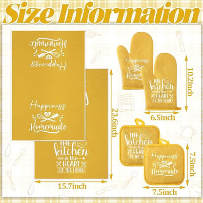 Sratte 6 Pcs Kitchen Decor Accessories Set Farmhouse Towels Pot Holders Oven Mitts Set 2 Dish Towels 2 Potholders 2 Cooking Mittens Oven Glove for Christmas Baking Cooking Supply(Yellow,Kitchen)