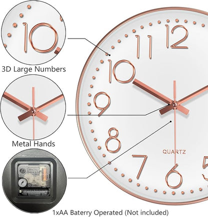 Silent Wall Clocks Battery Operated 8 Inch, Analog Wall Clock with Oversized Number Tempered Glass Clock Face, Rose Gold Quartz Non Ticking Wall Clocks for Living Room Bedroom Kitchen Office