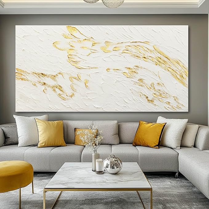 SOUGUAN Textured Walls Art White and Gold Wall Decorations Contemporary Artwork for Walls 29"x58" Canvas Paintings for Living Room Dining Room
