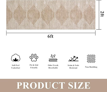 HelloTree Hallway Runner Rug，2x6 Moroccan Modern Stripe Carpet Washable Machine Bathroom Runner Bohemian Modern Soft Non Slip Indoor Rug for Entryway Hallway Laundry Room Bedroom-Pink&Khaki