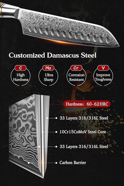 HEZHEN 7PCS Kitchen Knives Set - Professional Forging Damascus High Carbon Steel Chef Knife, Santoku, Bread, Utility, Fruit Knives & Multifunctional Kitchen Scissors - 6Slot Black Walnut Block